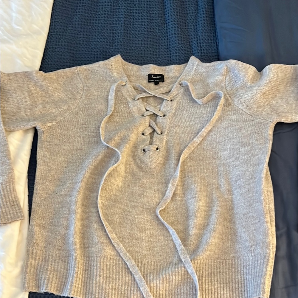 Lush Gray V-Neck Sweater with Lace-Up Detail